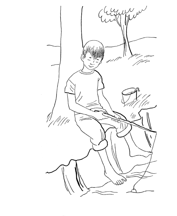 Coloring book lonely boy catching a fish